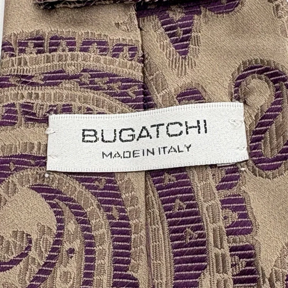 Bugatchi Made‎ in Italy 100% Silk Tie Tan Purple Paisley Necktie 62x3 Excellent